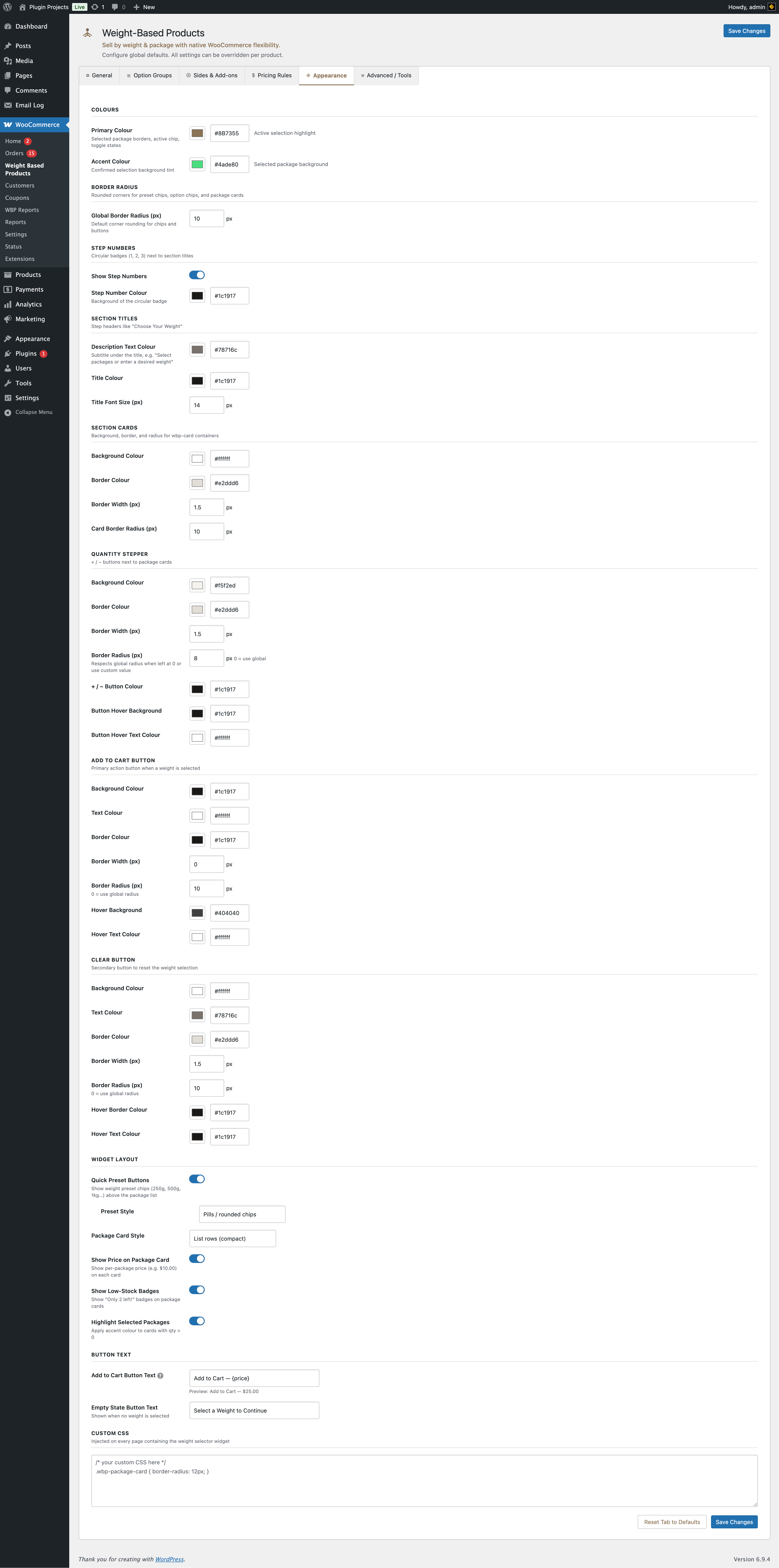 Appearance settings tab
