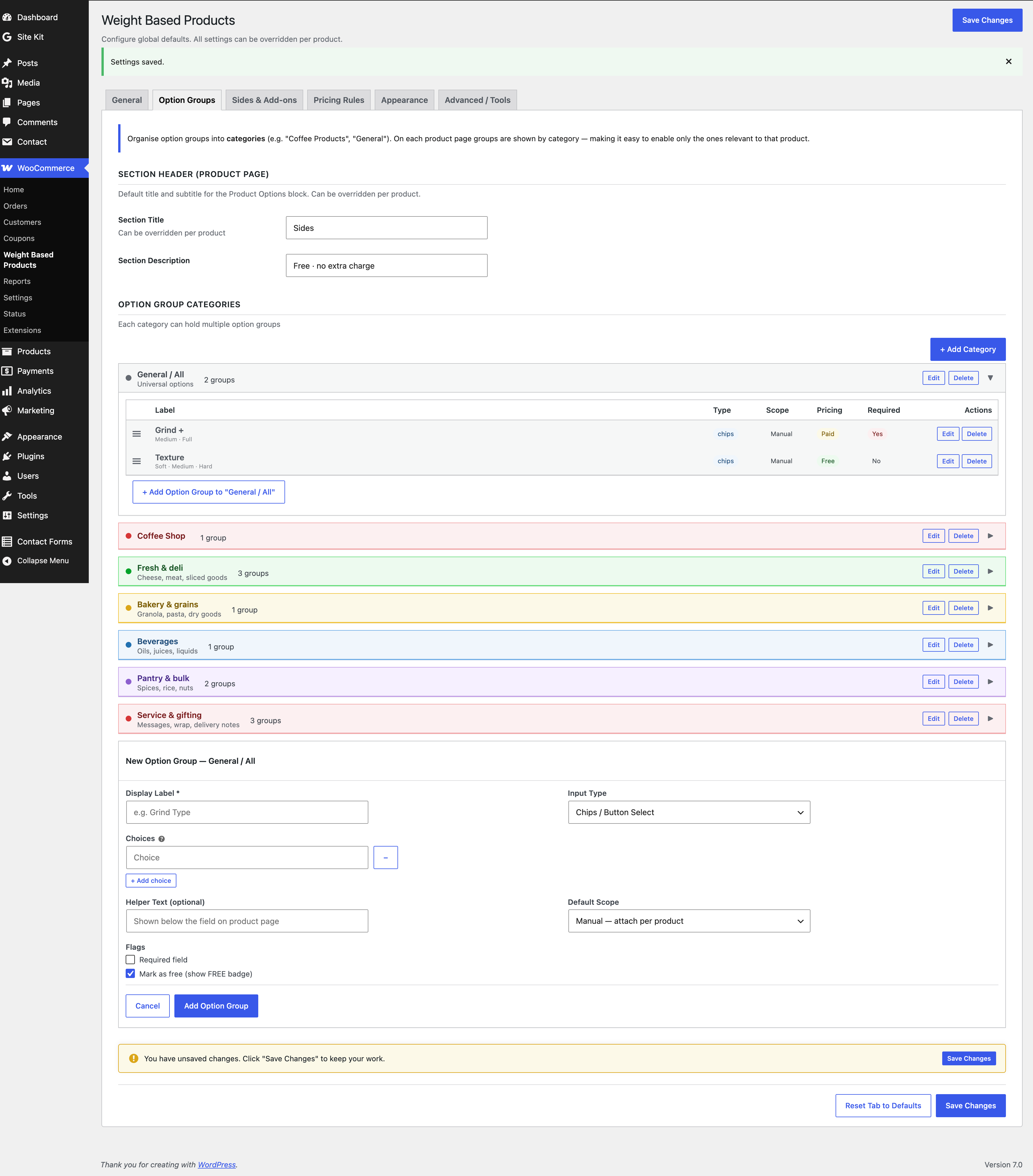 Option Groups tab