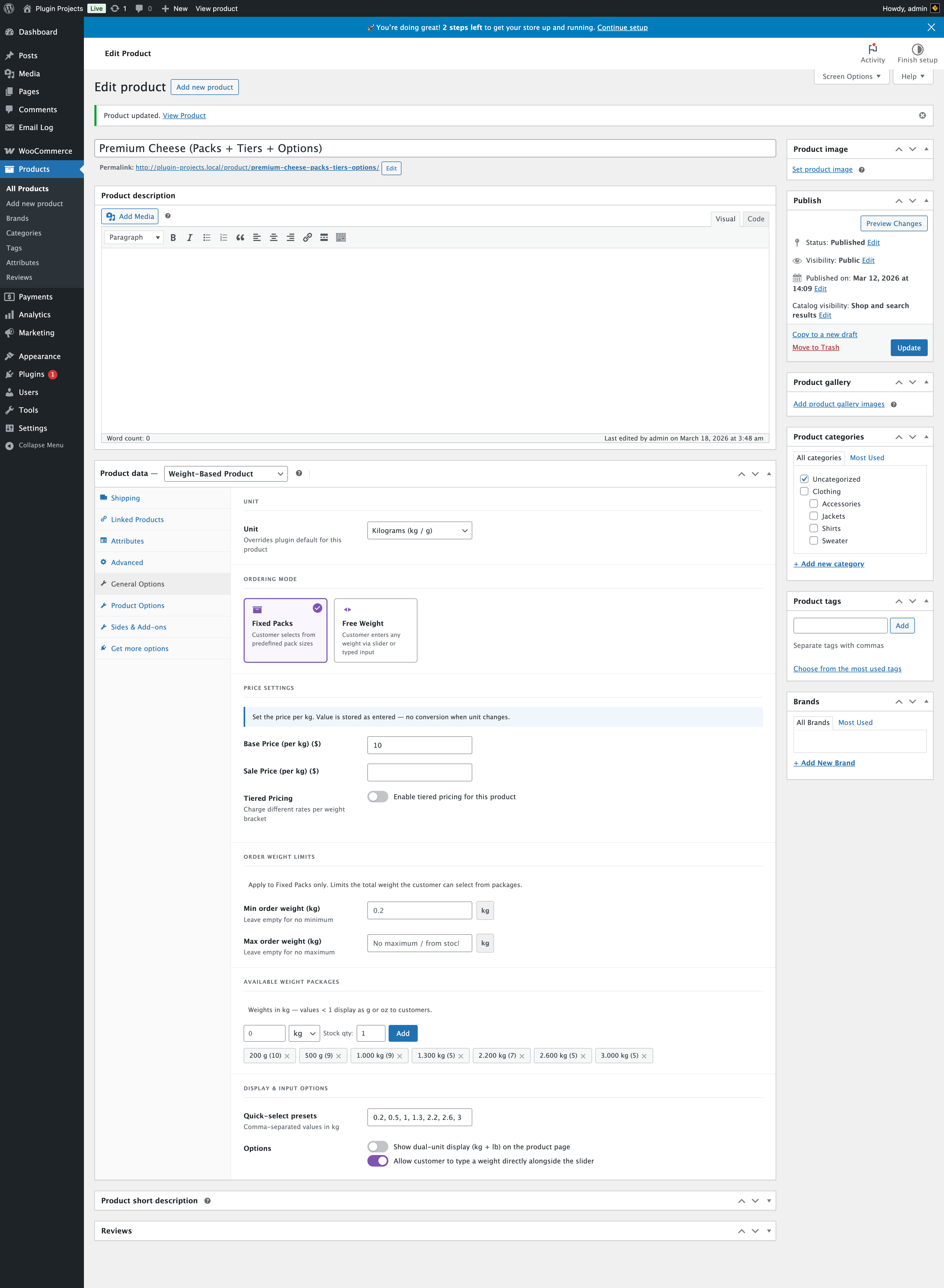 Product General Options: Fixed Packs
